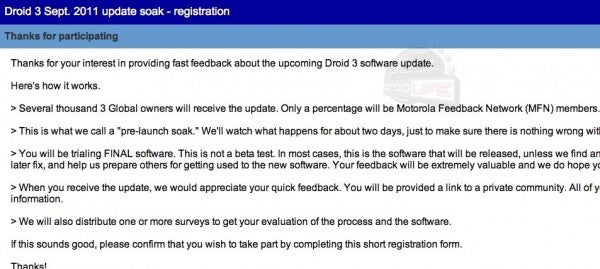 This e-mail to Motorola DROID 3 users informed them about the upcoming soak-test - Update coming soon for Motorola DROID 3