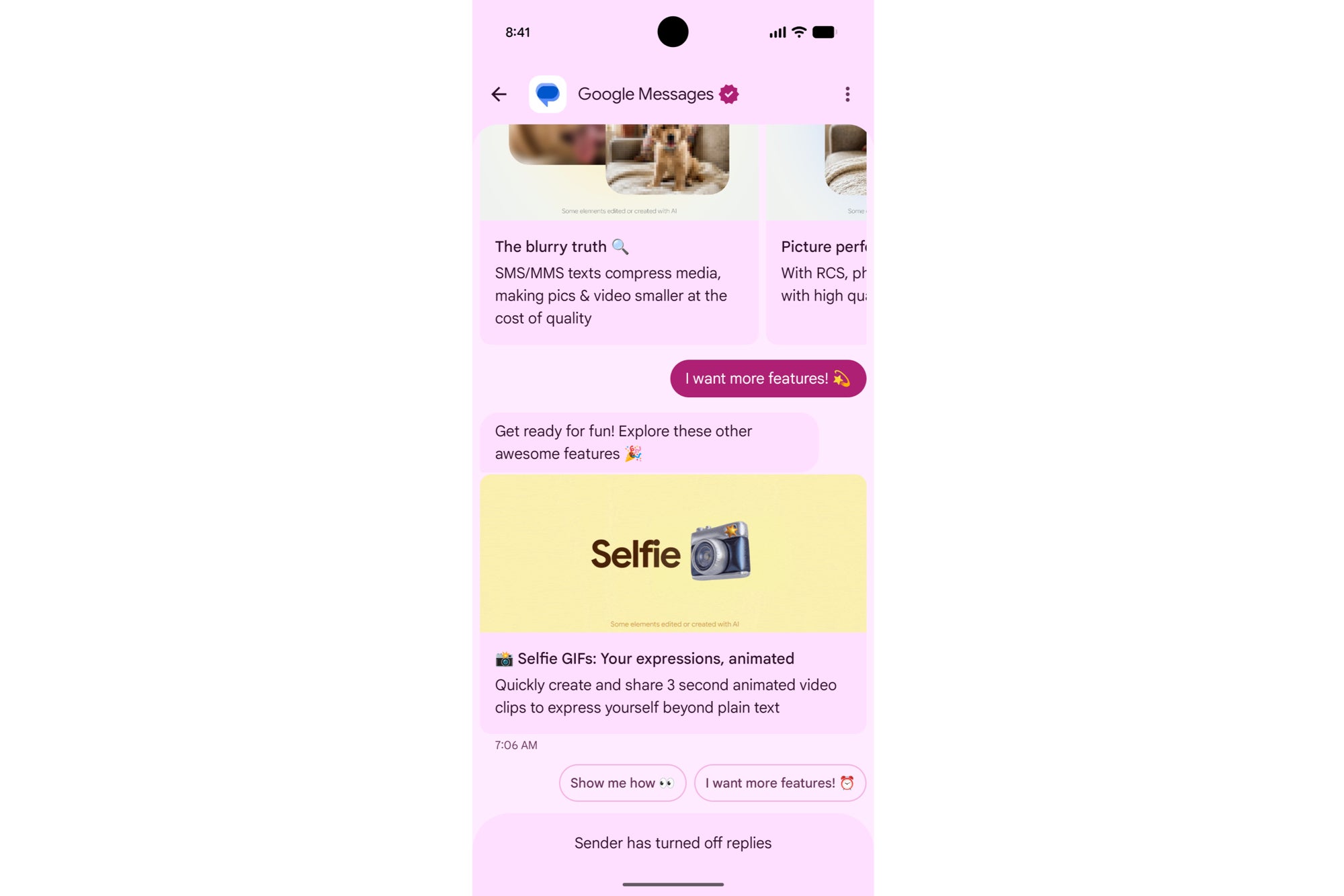 Google Messages conversation with the verified Google Messages account
