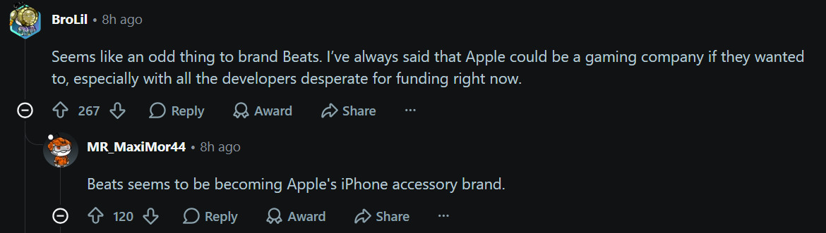 Apple users talk about what the Beats brand has become under the former. | Image by Reddit - The iPhone controllers Apple is making might use a brand name I did not expect