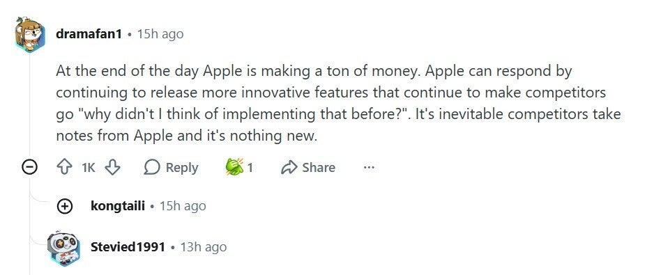 Comment about manufactures copying iPhone Duo animation.