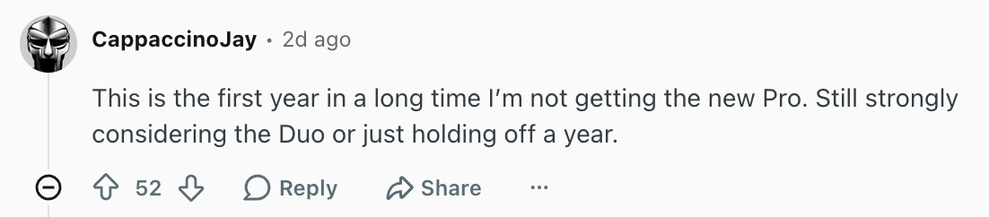At least some redditors are split between the iPhone Duo and skipping a purchase this year. | Image by Reddit (screenshot - iPhone 18 Pro demand continues to be surprisingly low