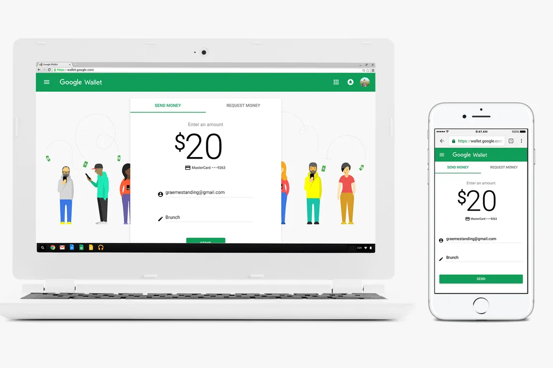 Google Wallet web interface shown on a laptop and an iPhone