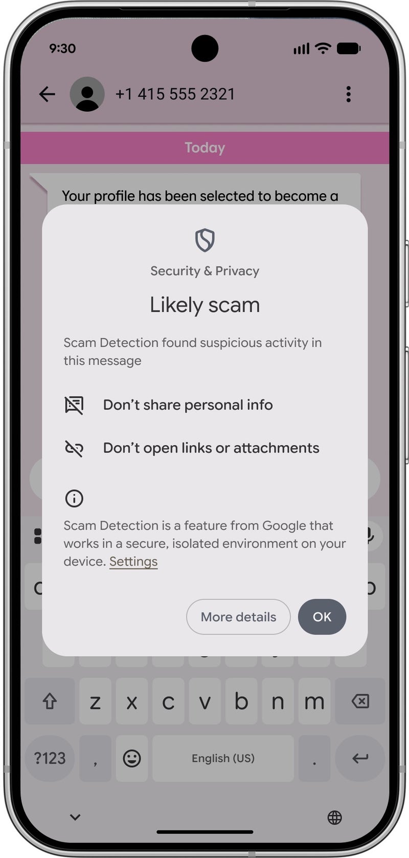 Pixel showing a Likely scam warning