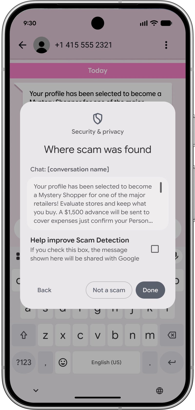 Pixel showing a Likely scam warning