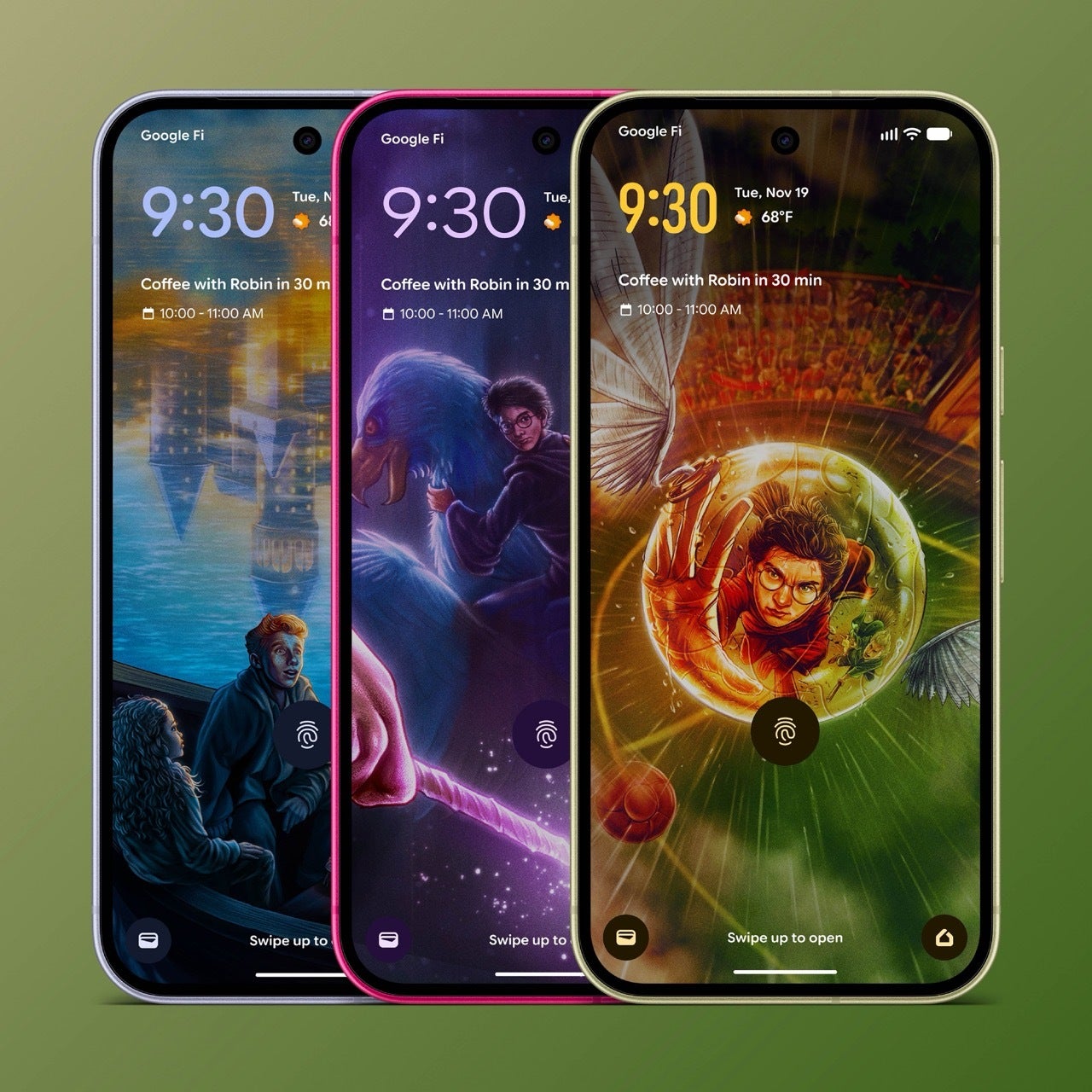 Three Pixel phones showing Harry Potter lock screen theme packs