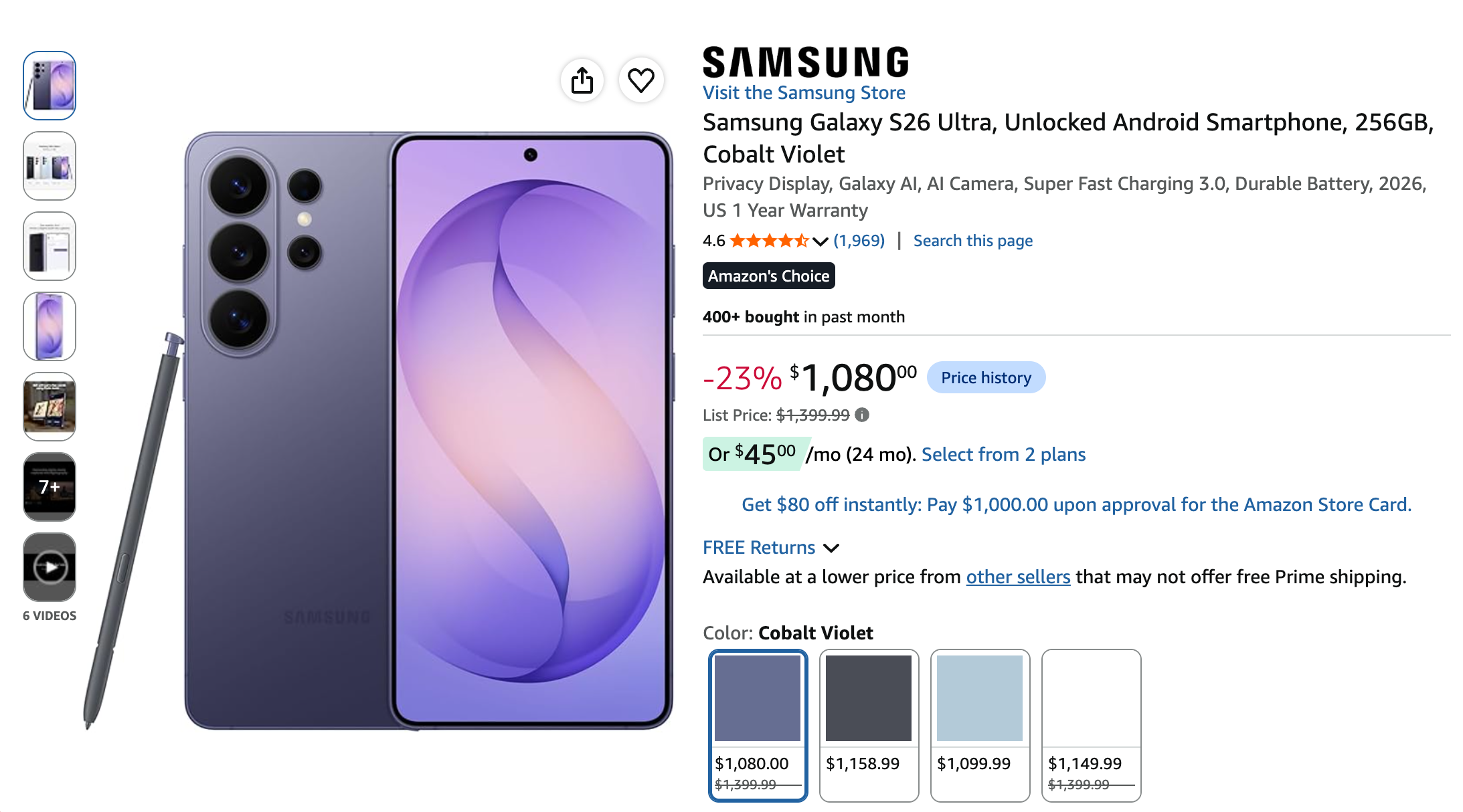 Amazon's listing with an increased base price for the S26 Ultra. | Image by Amazon (screenshot - Reported Galaxy S26 Ultra price hike may be hitting the US already