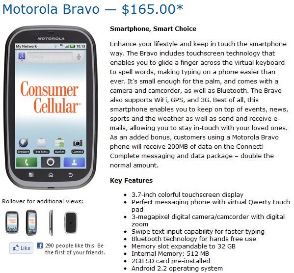 Consumer Cellular adds the Motorola Bravo to its no-contract lineup