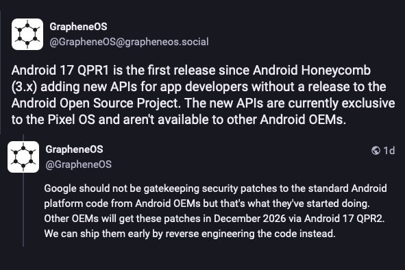 GrapheneOS Mastodon posts accusing Google of gatekeeping Android 17 patches
