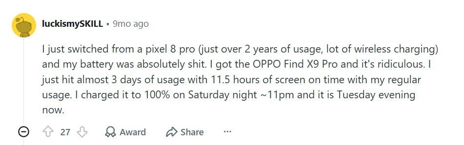 User comment about switching to Oppo Find X9 Pro.