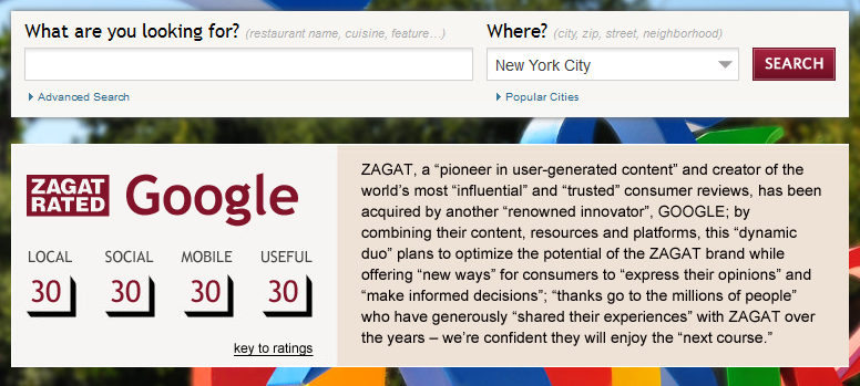 Zagat informed its faithful about the deal on its web site - Google acquires Zagat