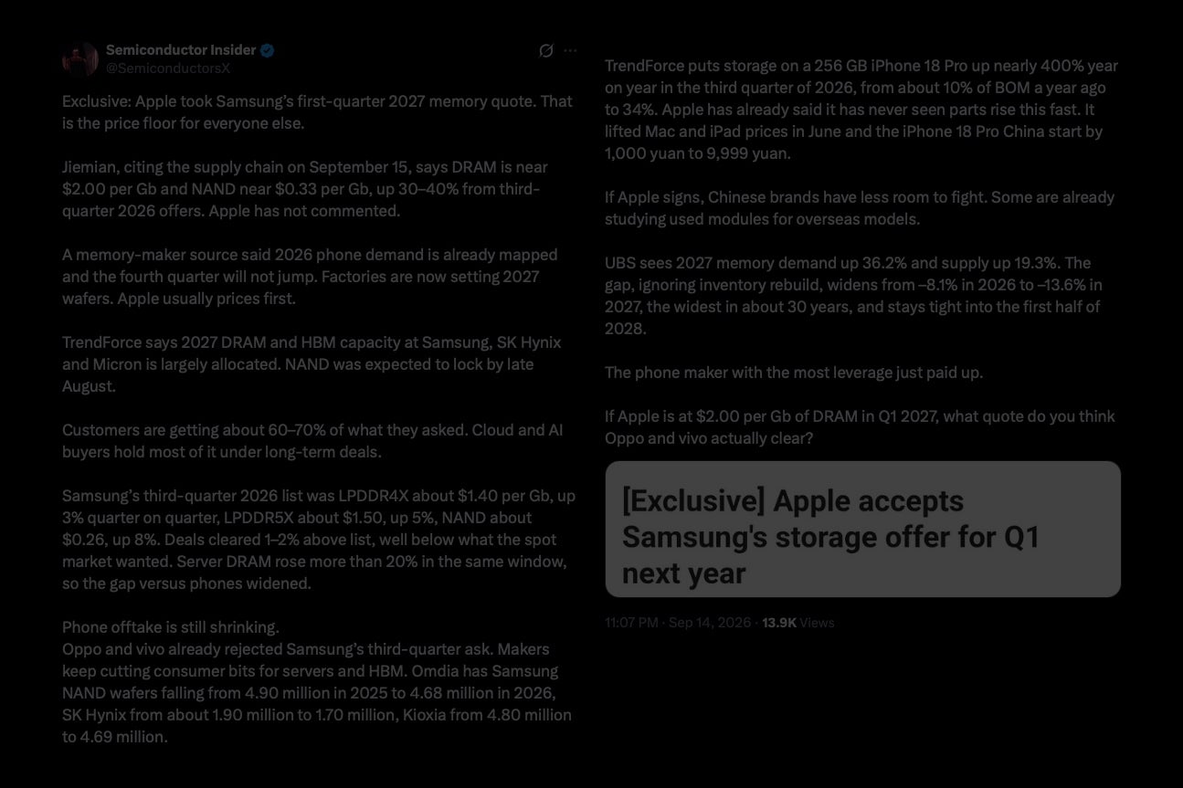 Semiconductor Insider X post listing Samsung memory prices for 2027