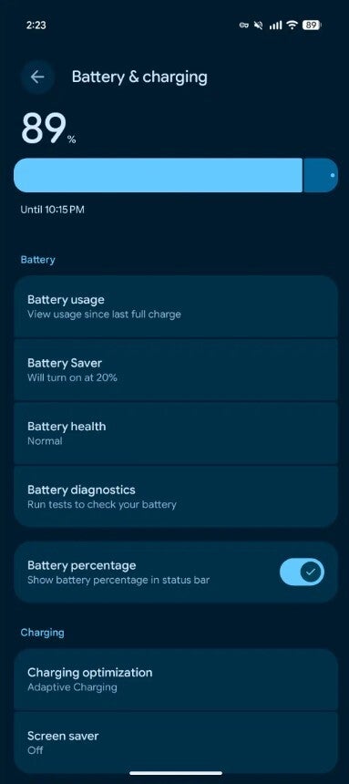 Battery &amp;amp; charging menu in Pixel 10.