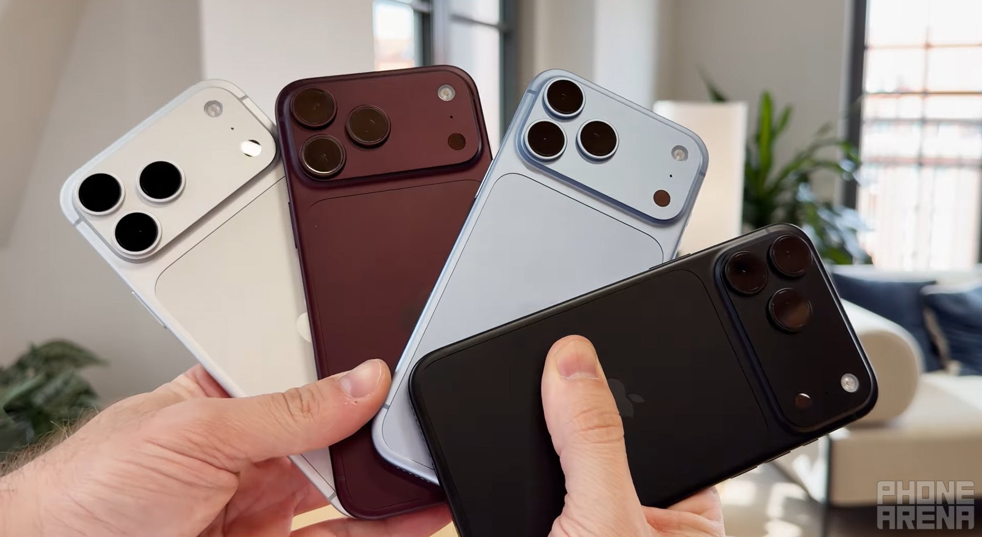 All iPhone 18 Pro and 18 Pro Max colors - White, Burgundy, Glacier, Black. | Image by PhoneArena - iPhone 18 Pro Max hands-on: Apple finally lets you control the camera