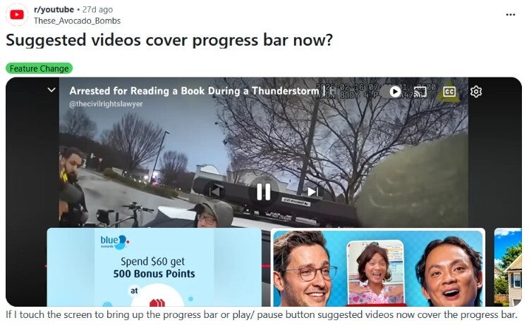The suggested videos are blocking YouTube users on Android from seeing part of the screen, the watch timer, and the progress bar. | Image by Reddit - YouTube bug that first appeared in April is still giving users headaches today