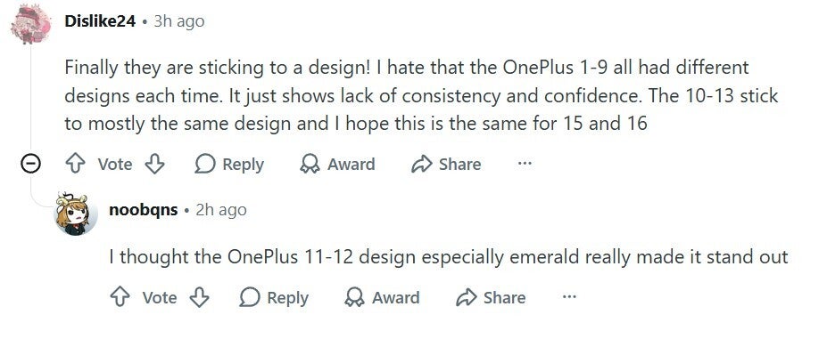 User comment about the OnePlus 16 design.