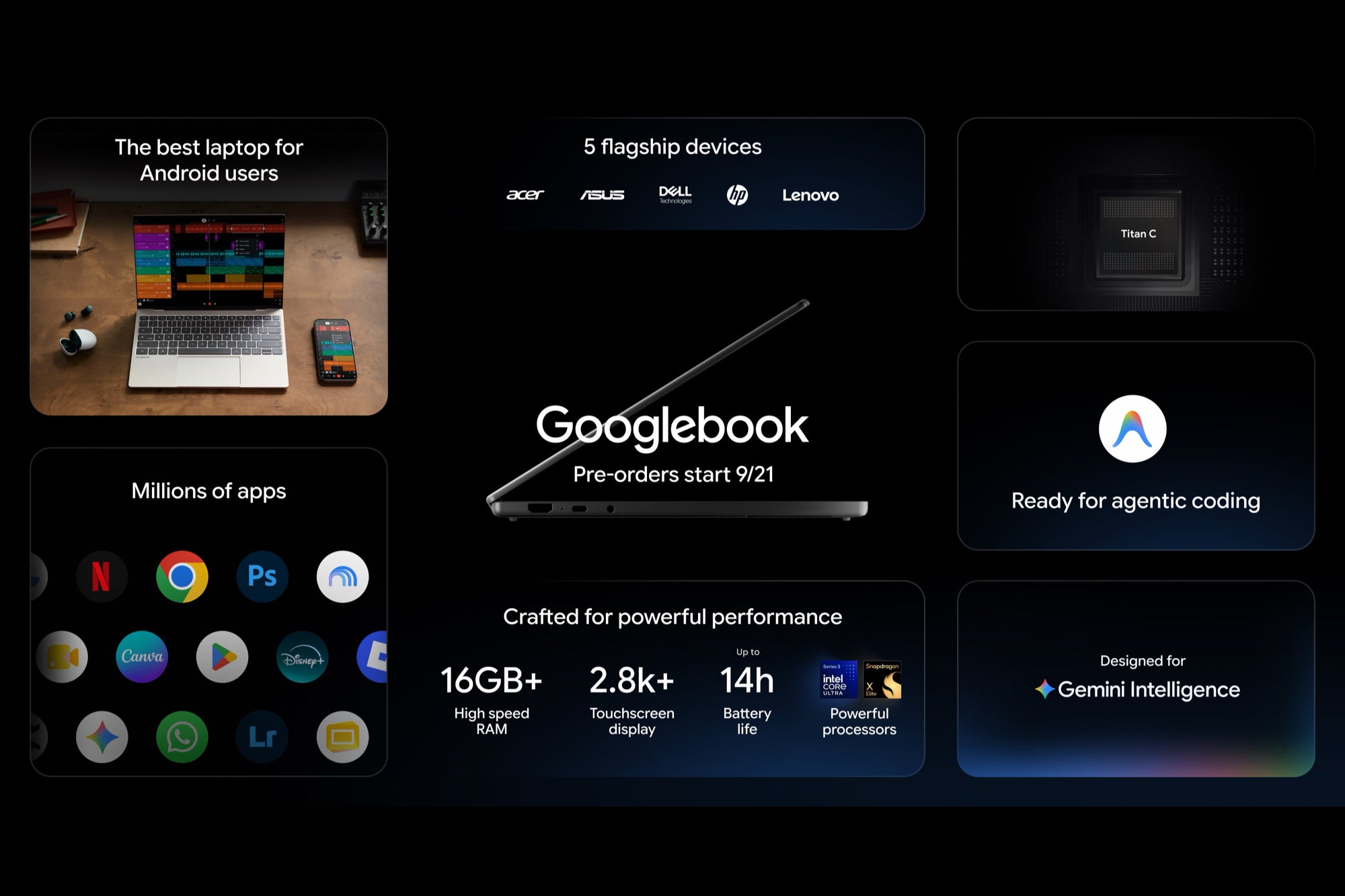 Googlebook starts at 16GB of RAM, with up to 2.8K touchscreens and an NPU rated above 40 TOPS. | Image by Google - Googlebook is finally here, the laptop your Pixel or Android phone has been waiting for