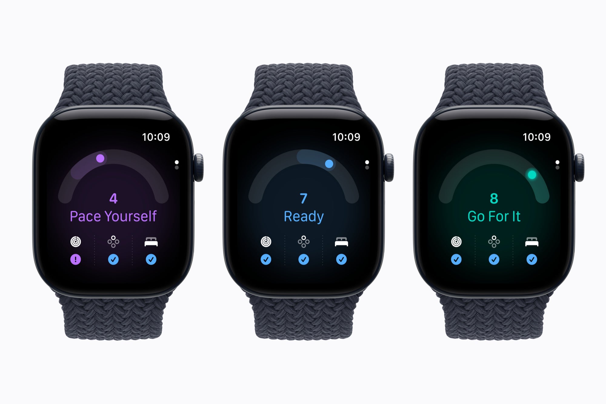 Three Apple Watch Series 12 units showing Readiness scores