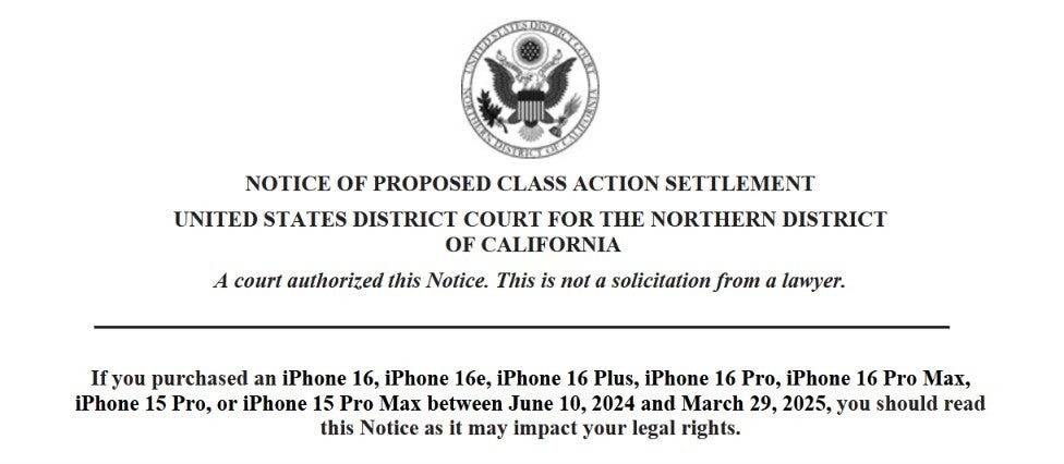 Part of official notice of class action against Apple.