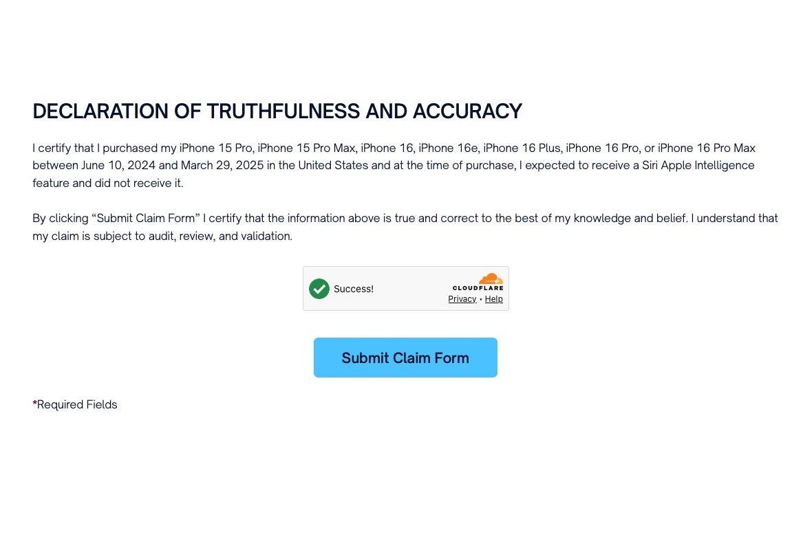 Siri settlement claim form declaration and submit button