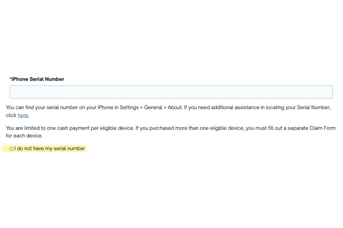 Claim form serial number field with a skip option
