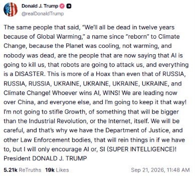 President Trump writes about AI in a Truth Social post. | Image by Truth Social - Trump gives Artificial Intelligence a new name