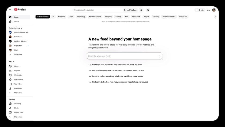 YouTube Custom Feeds tab on the Homepage
