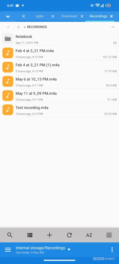 Recorder audio files in a file manager folder