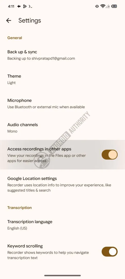 Google Recorder settings with file access toggle