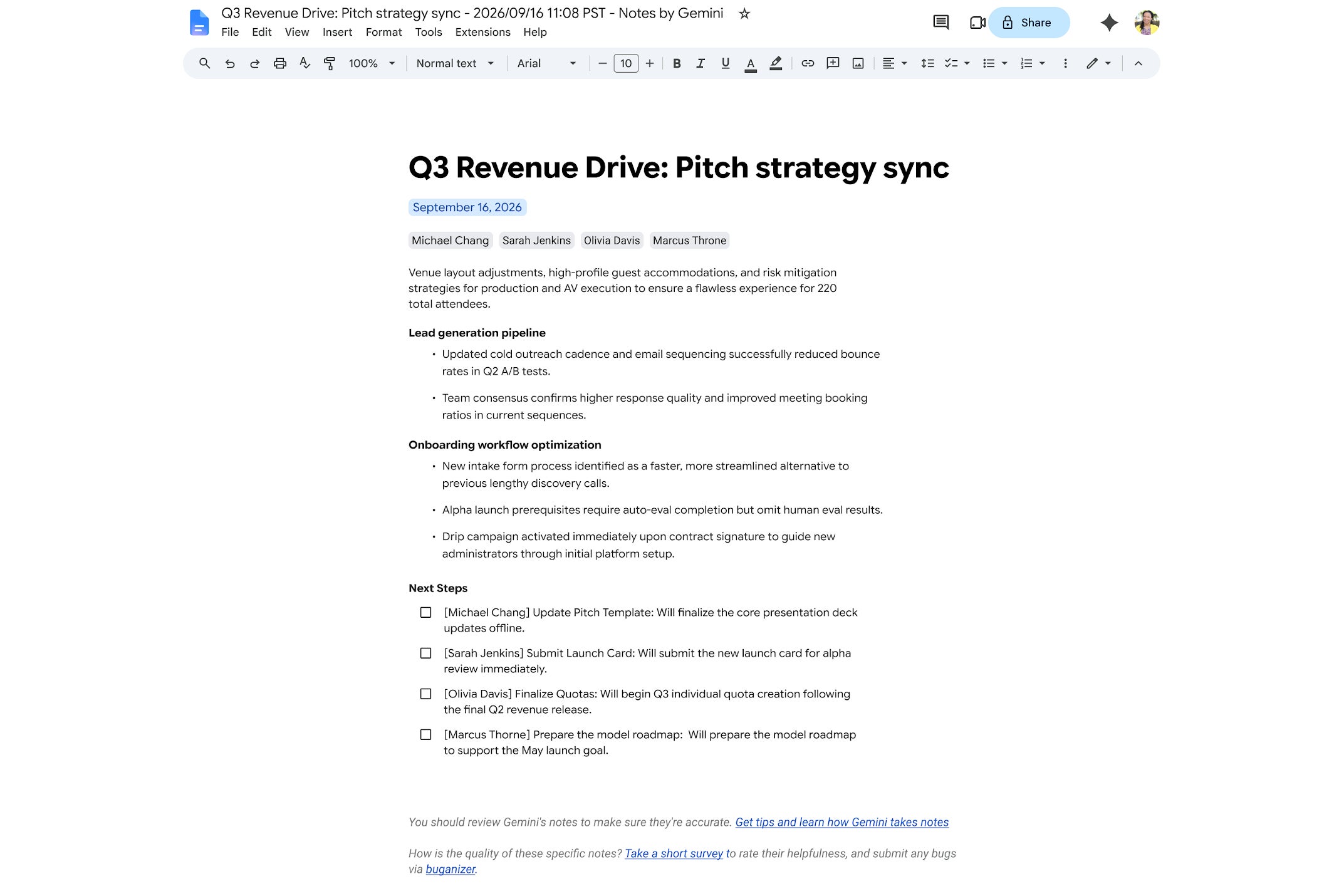 Quick notes tab in a Google Meet notes document