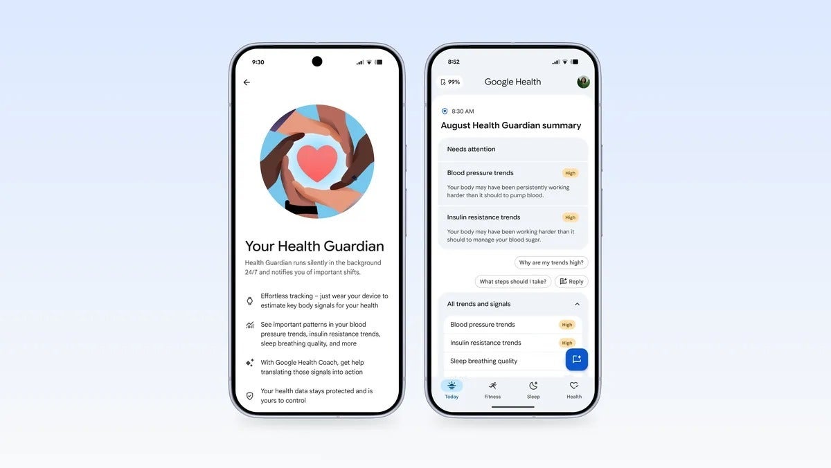 Health Guardian setup and summary screens on two phones