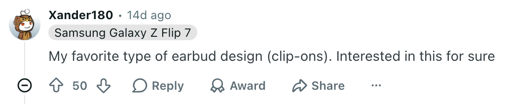 The clip-on design already seems to have fans. | Image by Reddit (screenshot - The next Galaxy Buds look surprisingly different in leaked images