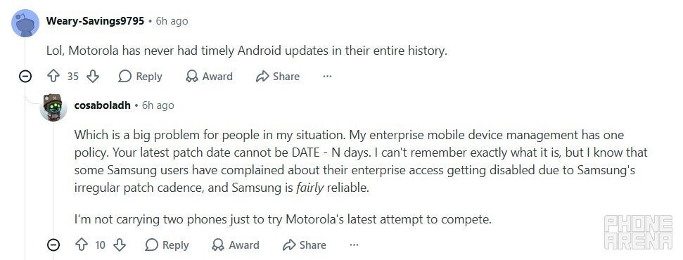 Reddit user calling Motorola for not releasing timely updates. 
