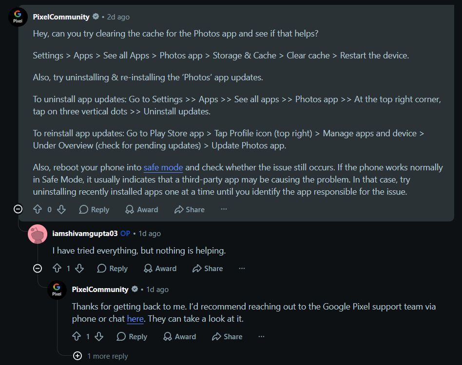 A Google representative offered help but none of the suggestions seem to have worked. | Image by Reddit - Google Photos is broken on many Pixel phones