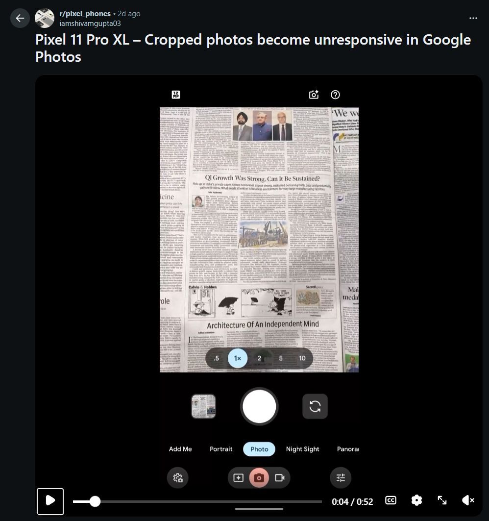 The original poster added a video of the issue on Reddit. | Image by Reddit - Google Photos is broken on many Pixel phones