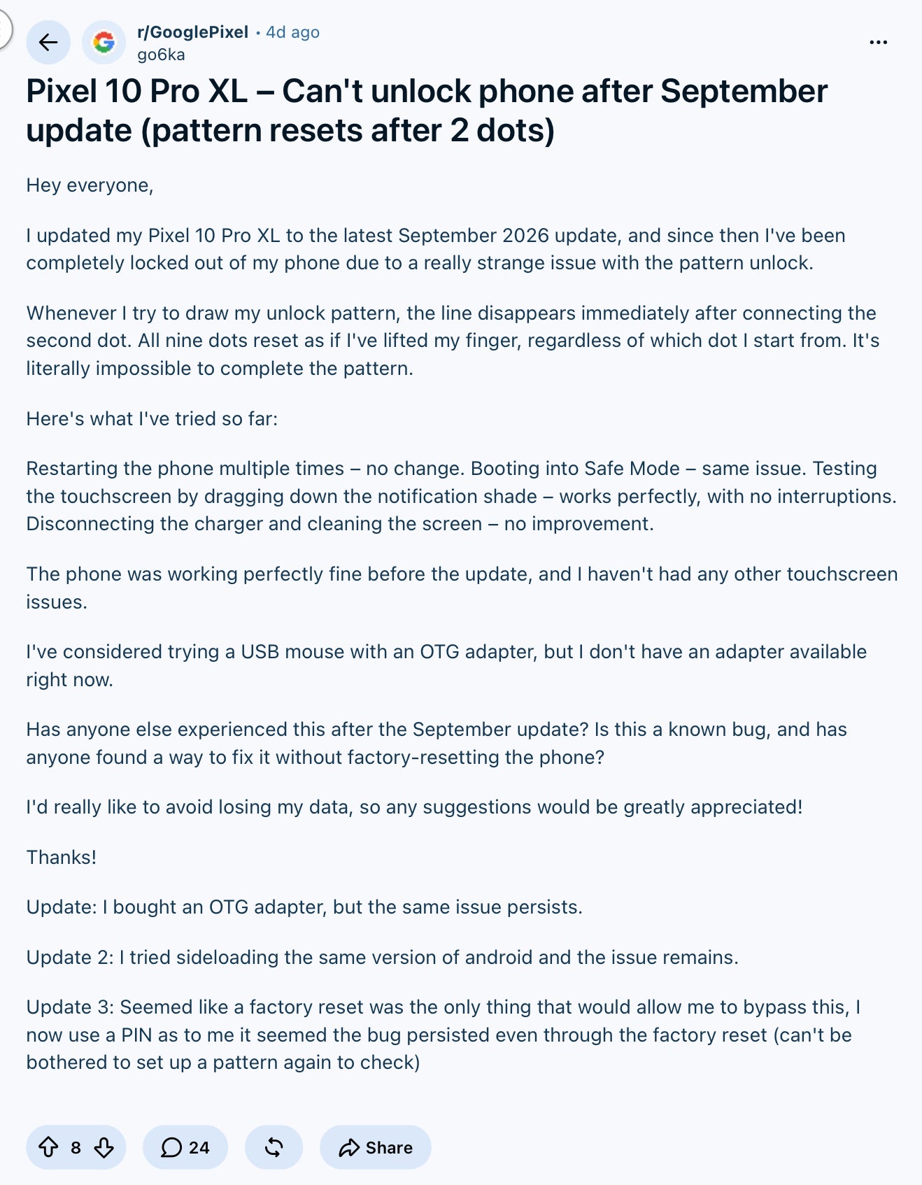 Reddit post about Pixel 10 Pro XL pattern unlock bug