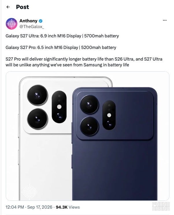 X post listing Galaxy S27 Ultra and S27 Pro specs