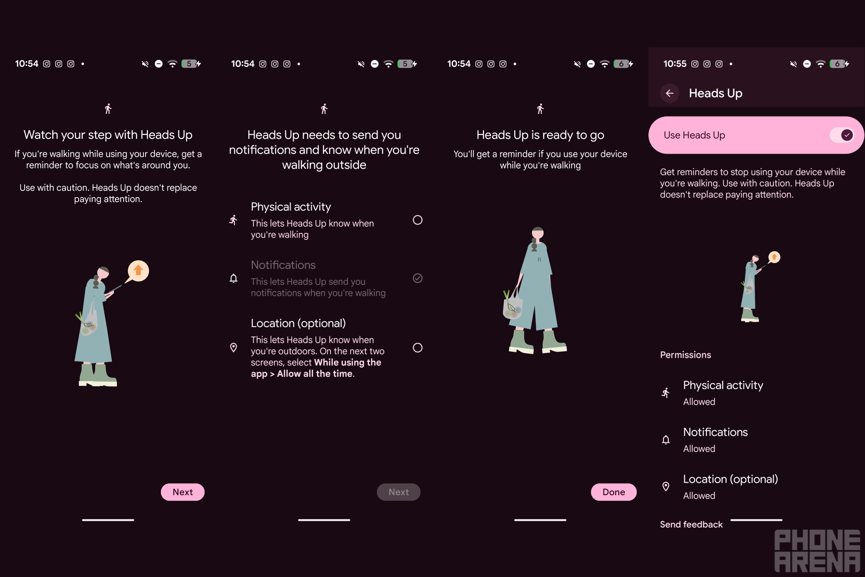 Four Heads Up setup screens in Digital Wellbeing on a Pixel