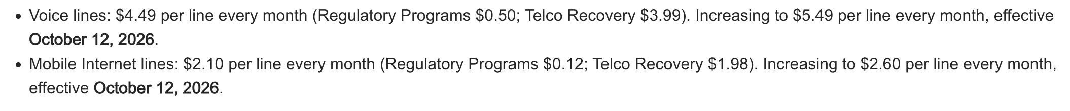 t-mobile Regulatory Programs &amp;amp; Telco Recovery Fee increase