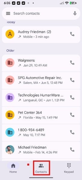 Updated navigation bar for the Phone by Google app.