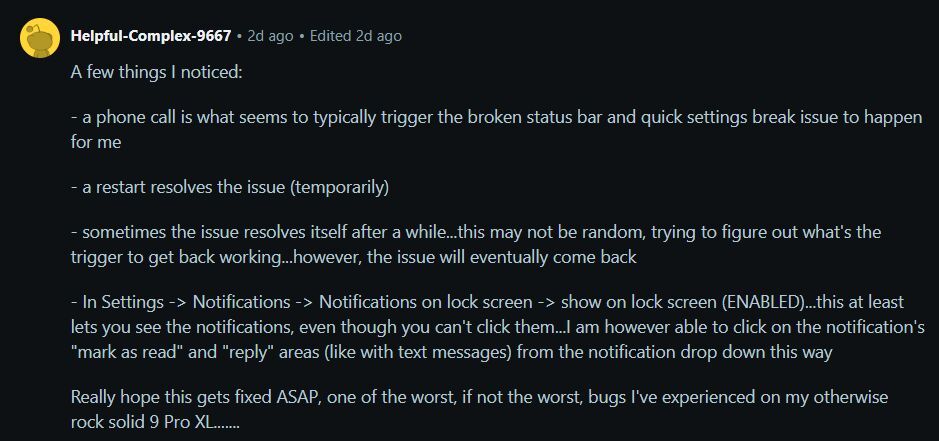 Here are the findings of one of the affected users. | Image by Reddit - Notifications and Quick Settings are broken on many Pixel phones