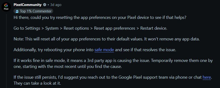 The official PixelCommunity Reddit account has chimed in but to no avail. | Image by Reddit - Notifications and Quick Settings are broken on many Pixel phones