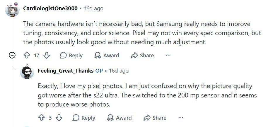 Reddit user talking about Samsung camera.