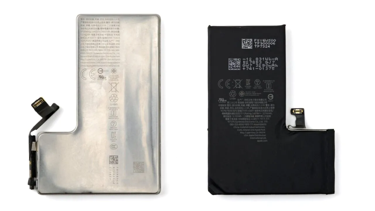 iPhone 16 metal can battery next to a regular pouch battery. | Image by iFixit - iPhone tech could unlock 10,000 mAh batteries for Android flagships