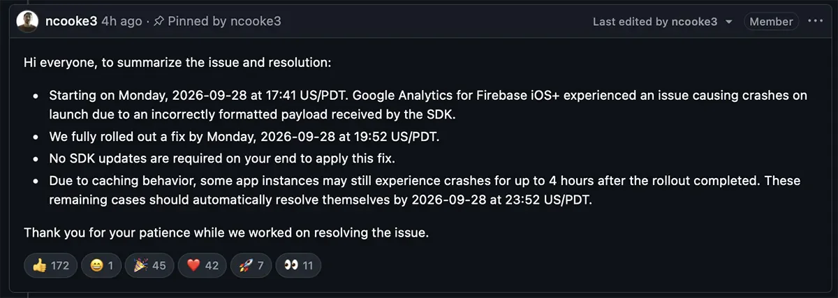 The issue has been resolved but some apps could continue crashing for a couple more hours. | Image by GitHub - Thousands of iOS apps are crashing &mdash; and it&rsquo;s Google&rsquo;s fault