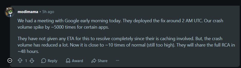 Google will share the full Root-Cause Analysis in 48 hours. | Image by Reddit - Thousands of iOS apps are crashing &mdash; and it&rsquo;s Google&rsquo;s fault
