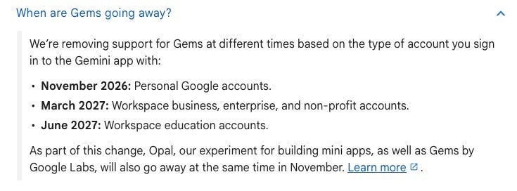 Google support page showing when Gems go away