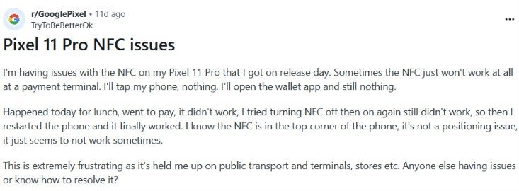 Reddit post from Pixel user who is unable to make a contactless poayment with this phone.