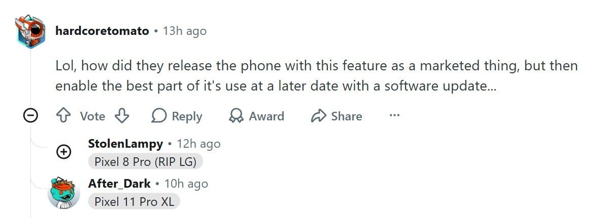 Reddit user comment about Pixel 11 Pro HiLight