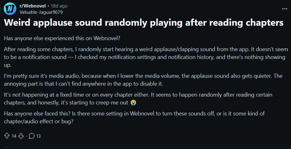 The strange applause sound has been reported on the Webnovel subreddit forum. | Image by Reddit - Android users report ghostly applause coming from their phones - will you be next?