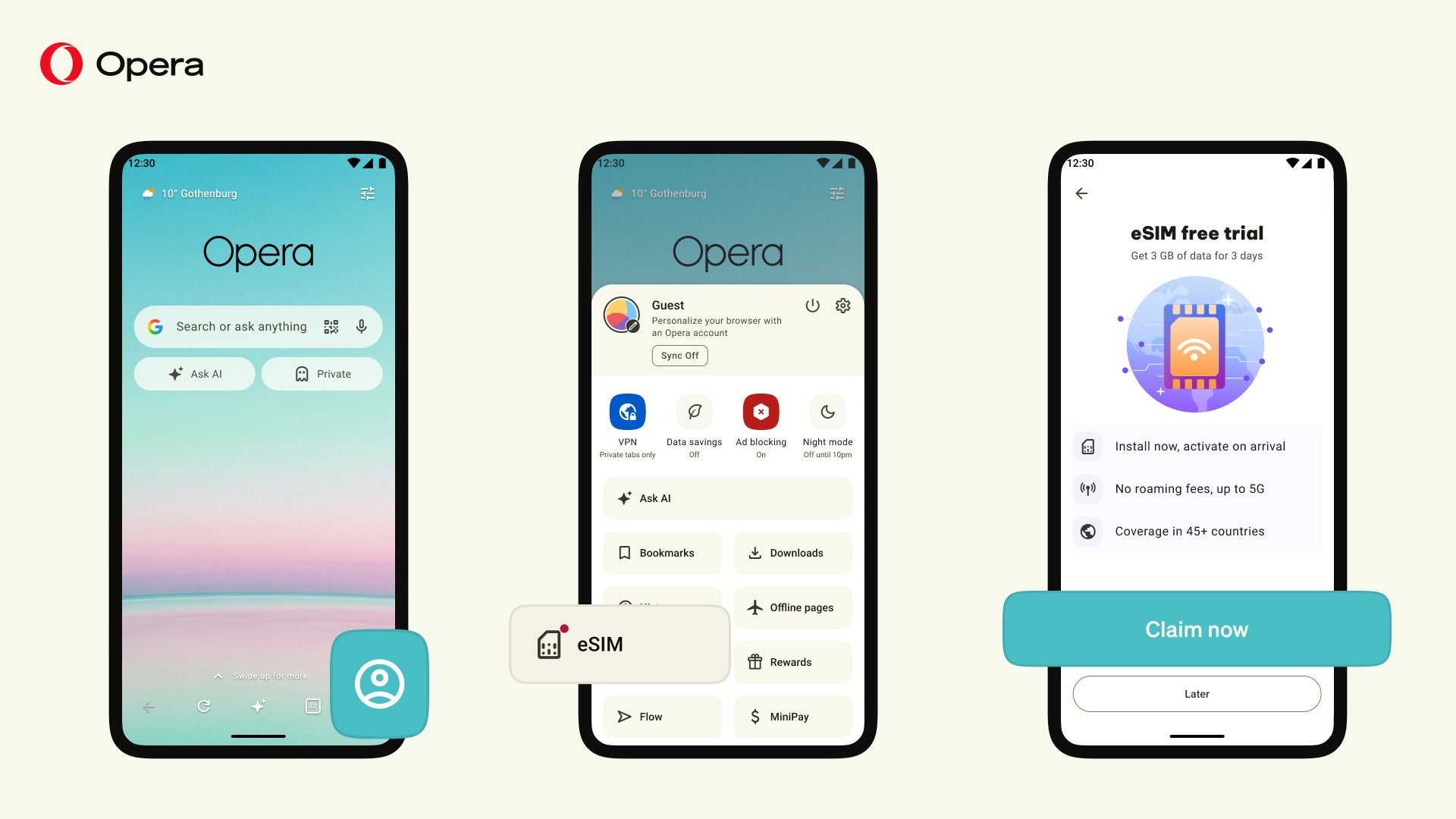 Three Opera for Android screens showing the eSIM setup
